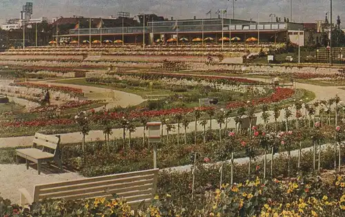 ALTE POSTKARTE BLICK AUF DIE GROSSE RESTAURATIONS-TERRASSE IM NEU GESCHAFFENEN TERRASSENGARTEN SOMMERSCHAU 1932 BERLIN