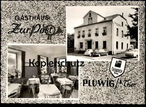 ALTE POSTKARTE GASTHAUS ZUR POST PLUWIG BEI TRIER BESITZER W. KLOMANN CASPARY BIER VW KÄFER postcard Ruwer Waldrach