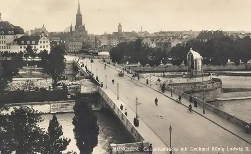 ALTE POSTKARTE MÜNCHEN CORNELIUSBRÜCKE MIT DENKMAL KÖNIG LUDWIG II. Munich Ansichtskarte postcard pca AK