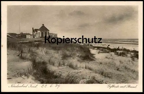 ALTE POSTKARTE NORDSEEBAD JUIST GIFTBUDE mit STRAND STRANDKORB beach chair Ansichtskarte postcard AK cpa