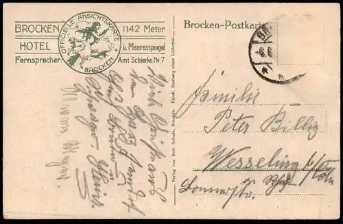 ALTE POSTKARTE BROCKEN HARZ BROCKENHOTEL FERNSPRECHER AMT SCHIERKE Ansichtskarte postcard cpa AK