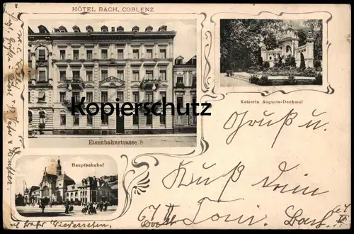ALTE POSTKARTE COBLENZ HOTEL BACH EISENBAHNSTRASSE 8 KOBLENZ HAUPTBAHNHOF 1917 Bahnhof gare Ansichtskarte postcard cpa