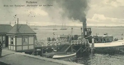 ALTE POSTKARTE HOLTENAU BLICK VOM RESTAURANT WARTEHALLE AUF DEN HAFEN KIEL DAMPFER SCHIFF MÖLTENORT postcard