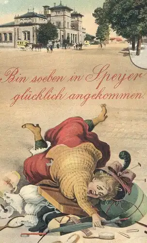 ALTE POSTKARTE BIN SOEBEN IN SPEYER GLÜCKLICH ANGEKOMMEN HUMOR humour KUTSCHE HORSE-DRAWN CARRIAGE postcard