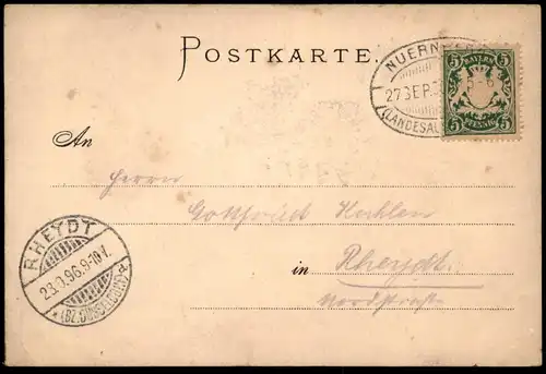 ALTE POSTKARTE LANDESAUSSTELLUNG NÜRNBERG 1896 GRUSS AUS MÜNCHENER BIERHALLE SONDERSTEMPEL Ansichtskarte postcard cpa AK