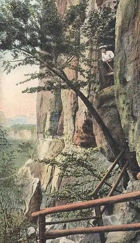 ALTE POSTKARTE KUHSTALL SCHNEIDERLOCH SÄCHSISCHE SCHWEIZ Frau woman climber Wanderin Bad Schandau Kirnitzschtal postcard