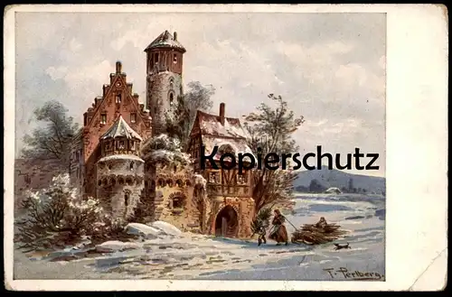 ALTE POSTKARTE FRIEDRICH PERLBERG SERIEN No. 5 No. 3453 HAUS BURG FRAU WINTER SCHLITTEN luge sleigh Hund Ansichtskarte