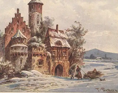 ALTE POSTKARTE FRIEDRICH PERLBERG SERIEN No. 5 No. 3453 HAUS BURG FRAU WINTER SCHLITTEN luge sleigh Hund Ansichtskarte