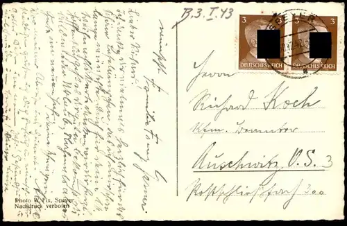 ALTE POSTKARTE SPEYER 1942 BEFLAGGUNG METZGER JACOB HEINZ KRIEGERDENKMAL DEUTSCHLAND MUSS LEBEN befördert nach Auschwitz
