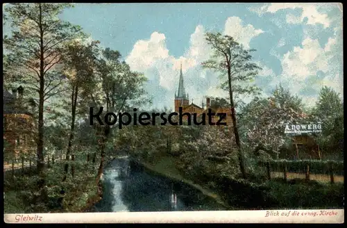 ALTE POSTKARTE GLEIWITZ BLICK AUF DIE EVANGELISCHE KIRCHE REKLAME A. DOWERG EISEN FABRIK Gliwice Schlesien Polska Poland