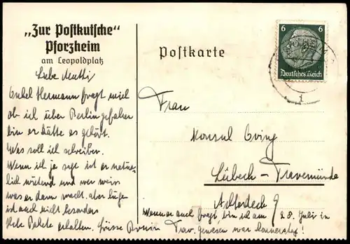 ALTE POSTKARTE PFORZHEIM ZUR POSTKUTSCHE AM LEOPOLDPLATZ 1938 Diligence Post Postkoets stagecoach postcard Ansichtskarte
