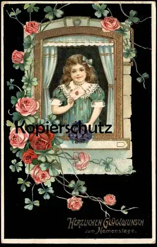 ALTE PRÄGE POSTKARTE HERZLICHEN GLÜCKWUNSCH ZUM NAMENSTAGE Namenstag Mädchen girl fille Kind child enfant flowers cpa AK