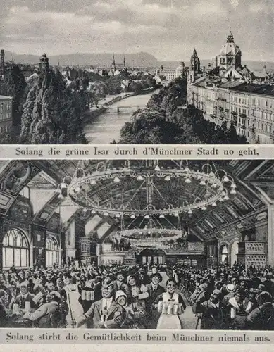 ALTE POSTKARTE MÜNCHEN SOLANG DER ALTE PETER AM PETERSBERGL STEHT. DIE GRÜNE ISAR DURCH DIE... AM PLATZL GEMÜTLICHKEIT..