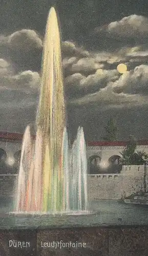 ALTE POSTKARTE DÜREN LEUCHTFONTAINE Brunnen bei Nacht Mond moon lune Fontaine Fountain cpa Ansichtskarte postcard AK