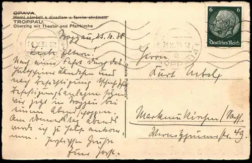 ALTE POSTKARTE TROPPAU OBERRING MIT THEATER UND PFARRKIRCHE OPAVA HORNI NAMESTI SUDETEN Tschechien Ansichtskarte
