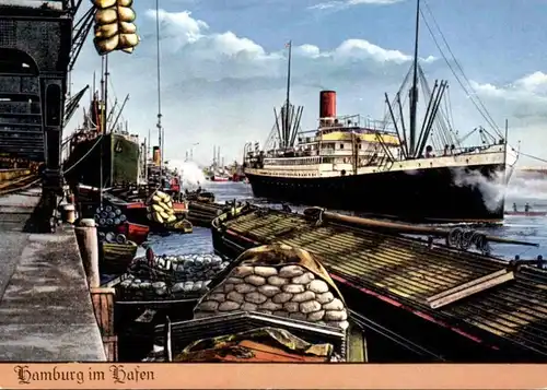 ÄLTERE POSTKARTE ALT-HAMBURG IM HAFEN LÖSCHUNG LADUNG Haven harbour port Segelschiff cargo ship postcard Ansichtskarte