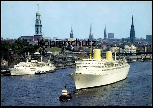 ÄLTERE POSTKARTE HAMBURG HAFEN MIT STADTPANORAMA Schlepper Dampfer Schiff ship Ansichtskarte postcard cpa AK