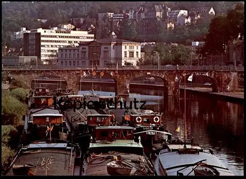 ÄLTERE POSTKARTE SAARBRÜCKEN FRACHTSCHIFFE ALTE BRÜCKE Schiff cargo ship Ansichtskarte AK postcard cpa