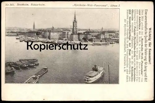 ALTE POSTKARTE STOCKHOLM RIDDARHOLM MYRRHOLIN-WELT PANORAMA FRANKFURT Sverige Schweden Sweden Ansichtskarte postcard