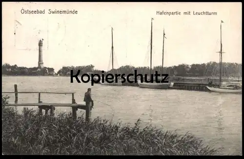 ALTE POSTKARTE SWINEMÜNDE HAFENPARTIE MIT LEUCHTTURM Swinoujscie Uznam Angler fisher fisherman Ansichtskarte postcard AK
