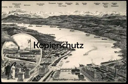 ALTE LITHO POSTKARTE DAMPFSCHIFFAHRT AUF DEM ZÜRICH-SEE Dampfer Helvetia boat Schiff Zürichsee Ansichtskarte AK postcard