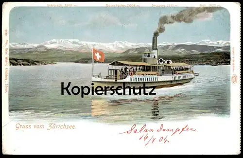 ALTE LITHO POSTKARTE GRUSS VOM ZÜRICHSEE DAMPFER DAMPFSCHIFFAHRT ZÜRICH-SEE boat Schiff Zürich-See Ansichtskarte