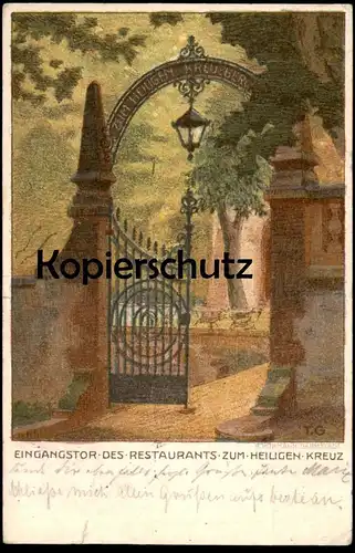 ALTE KÜNSTLER POSTKARTE DARMSTADT EINGANGSTOR DES RESTAURANTS ZUM HEILIGEN KREUZ SIGN. T. G. VERL. HOHMANN Ansichtskarte