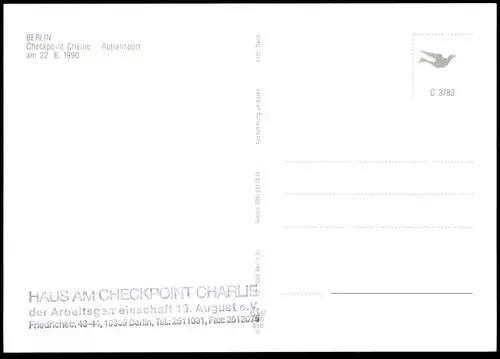 ÄLTERE POSTKARTE BERLIN TSCHÜSS CHECKPOINT CHARLIE ABTRANSPORT 22.06.1990 BERLINER MAUER LE MUR THE WALL american flag