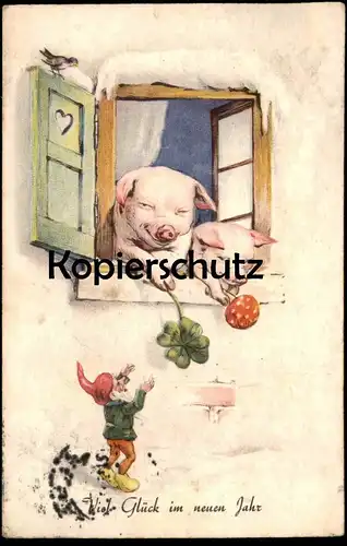 ALTE POSTKARTE ZWERG & SCHWEIN VIEL GLÜCK IM NEUEN JAHR dwarf midget nain pig cochon Fliegenpilz Ansichtskarte postcard