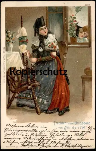 ALTE LITHO POSTKARTE TRACHTEN AUS DER UMGEGEND VON MINDEN SPINNERIN SPINNER Tracht Spinnrad cpa postcard Ansichtskarte