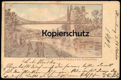 ALTE KÜNSTLER LITHO POSTKARTE HAMBURG PARTIE AUS DEN ANLAGEN BEIM HOLSTENTHOR Holstentor Ansichtskarte AK postcard photo