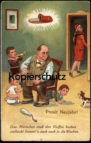 ALTE POSTKARTE PROSIT NEUJAHR PANTOFFELHELD MIT KAFFEEMÜHLE NACHTTOPF ROLLENKLISCHEE pot de chambre humour postcard cpa