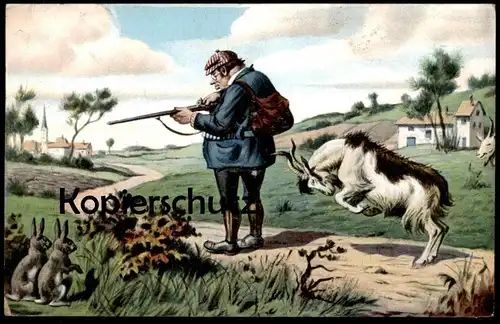 ALTE POSTKARTE JÄGER ANGRIFF ZIEGENBOCK 1911 Humor hunter Jagd chasseur Ziege goat chèvre Hasen Ansichtskarte postcard