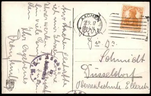 ALTE POSTKARTE AACHEN RATHAUS VOM KATSCHHOF AUS GESEHEN 1917 ZENSURSTEMPEL P. K. ZU BEFÖRDERN Aix-la-Chapelle postcard