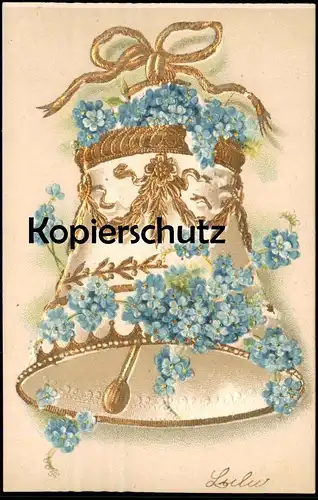 ALTE PRÄGE POSTKARTE GLOCKE GESCHMÜCKT MIT BLUMEN vergoldet flowers clarine bell cloche Ansichtskarte postcard cpa AK
