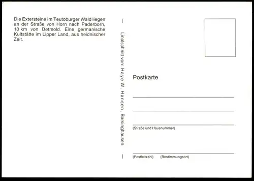 ÄLTERE KÜNSTLER POSTKARTE EXTERNSTEINE TEUTOBURGER WALD KULTSTÄTTE LINOLSCHNITT HAYE W. HANSEN Horn-Bad Meinberg Detmold