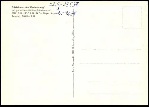 ÄLTERE POSTKARTE RUHPOLDING GÄSTEHAUS AM WESTERNBERG MIT HALLEN-SCHWIMMBAD SONNENBADEN 1978 Ansichtskarte cpa postcard