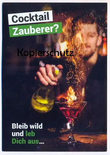 POSTKARTE COCKTAIL ZAUBERER BLEIB WILD UND LEB DICH AUS ALKOHOL DEHOGA Barkeeper alcohol magician wizard alcool postcard