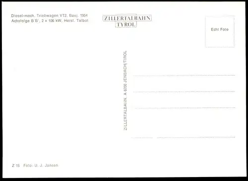 ÄLTERE POSTKARTE ZILLERTALBAHN TYROL TRIEBWAGEN VT72 BJ 1954 Eisenbahn Chemin de fer Railway Eisenbahn Lokomotive Lok