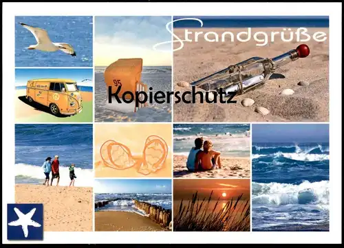 POSTKARTE STRANDGRÜSSE FLASCHENPOST MEER VW Bus message in a drift bottle bouteillie à la mer Ansichtskarte cpa postcard