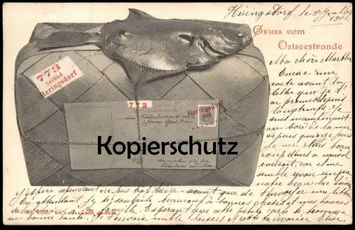 ALTE POSTKARTE HERINGSDORF SCHOLLE KOFFER GRUSS VOM OSTSEESTRANDE USEDOM Ostseestrand AK Ansichtskarte cpa postcard