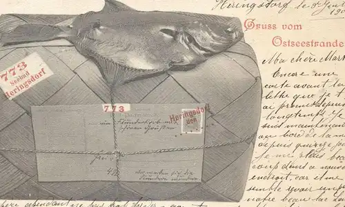 ALTE POSTKARTE HERINGSDORF SCHOLLE KOFFER GRUSS VOM OSTSEESTRANDE USEDOM Ostseestrand AK Ansichtskarte cpa postcard