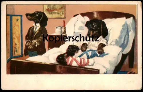 ALTE POSTKARTE DACKEL FAMILIE VERMENSCHLICHT KRANK MUTTER BETT Illness teckel basset dachshund Fuchs fox renard cpa