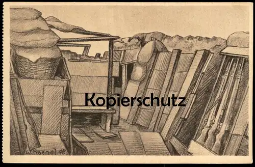 ALTE KÜNSTLER POSTKARTE WWI UNTERSTAND RUPRECHT GEWEHRE SIGN. WERNER HAENEL 1915 Schützengraben Ansichtskarte postcard