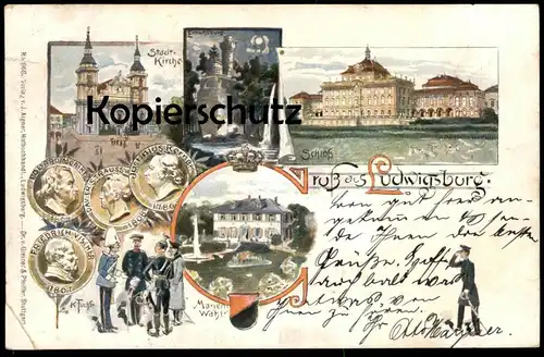 ALTE LITHO POSTKARTE GRUSS AUS LUDWIGSBURG VISCHER MÖRIKE STRAUSS KERNER MARIENWAHL K. Fuchs Ansichtskarte postcard cpa