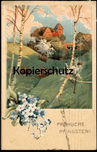 ALTE PRÄGE POSTKARTE FRÖHLICHE PFINGSTEN LANDSCHAFT TAL ORT HAUS BIRKE gauffrée cpa AK postcard Ansichtskarte