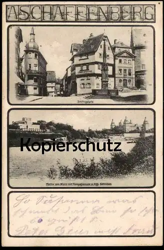 ALTE POSTKARTE ASCHAFFENBURG LÖWEN-APOTHEKE STIFTSPLATZ PARTIE AM MAIN MIT POMPEIANUM U. KGL. SCHLOSS Ansichtskarte AK