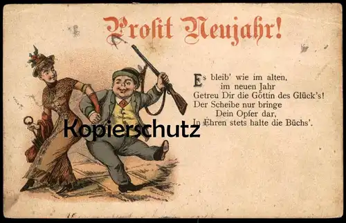 ALTE POSTKARTE PROSIT NEUJAHR JÄGER EHEFRAU BÜCHSE femme Humor hunter Jagd chasseur Spruch AK Ansichtskarte cpa postcard