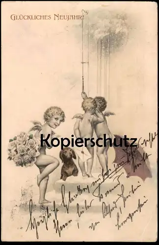 ALTE POSTKARTE ENGEL PUTTEN LIEBESBRIEF DACKEL NEUJAHR Schirm umbrella parapluie nude angel teckel basset dachshund dog