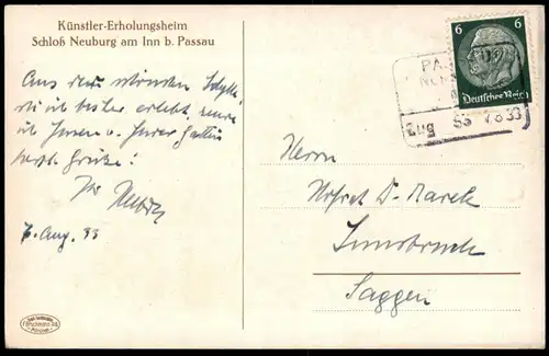 ALTE KÜNSTLER POSTKARTE AUFGANG VON DER TERRASSE IN DEN BURGHOF M. E. BEYRER BAHNPOST 1933 SCHLOSS NEUBURG BEI PASSAU AK